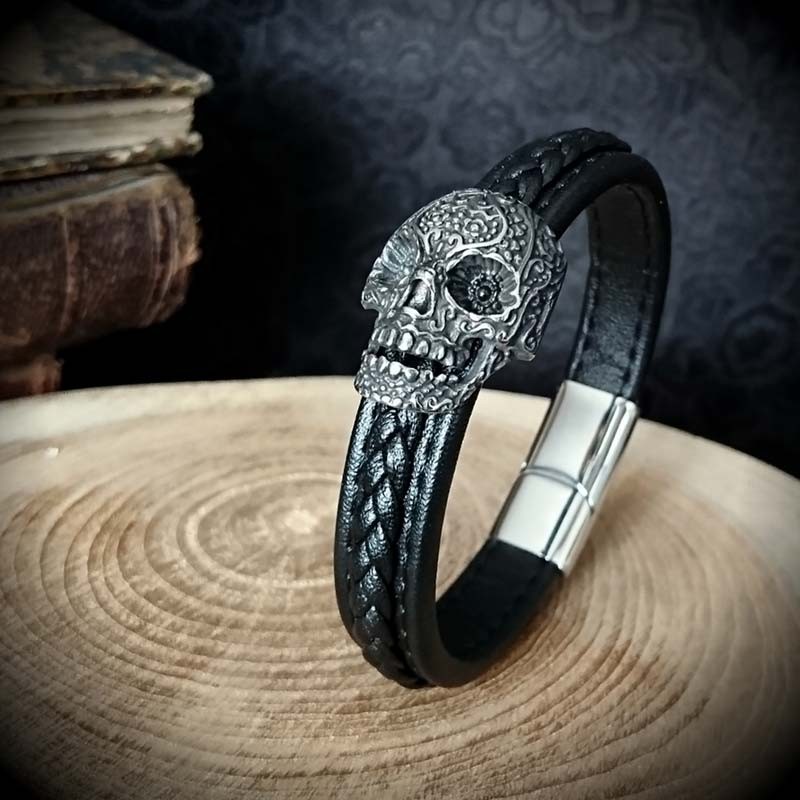 Bracelet Homme Acier Inoxydable Gothique - Crâne Et Mains Squelette, Style Punk Rock, Jonc Ouvert 63 Mm - 3