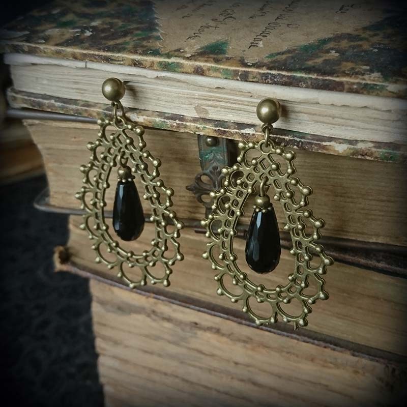 Boucles D'oreilles Artisanales Goutte En Bronze Et Onyx - Style Larme Avec Perle Tour, Fermoir Dormeuse