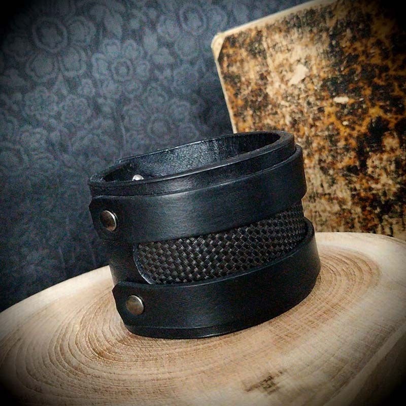Bracelet de force cuir artisanal épais noir, fermeture simple, rock, punk,  biker, goth