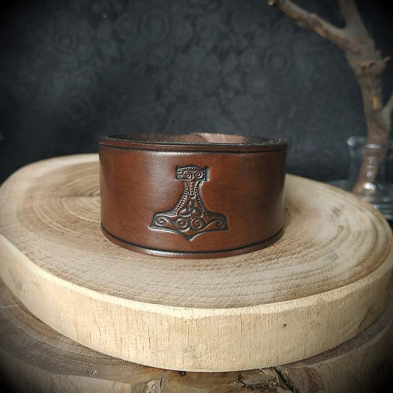 Bracelet Cuir Viking Avec Marteau De Thor - Amulette Runique, Cuir Véritable, Taille Ajustable
