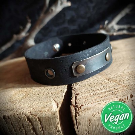 Bracelet de force cuir vegan artisanal noir, 1 lanière, cuir de liège,  gothique, rock, biker