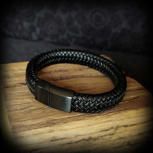 Bracelet cuir noir, cordon double noué, fermoir coulissant