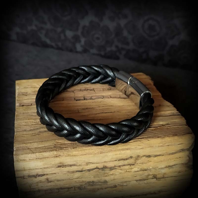Bracelet Manchette En Cuir Véritable Punk Noir - Large, Réglable, Fermoir Alliage, Style Gothique Pour Homme/femme