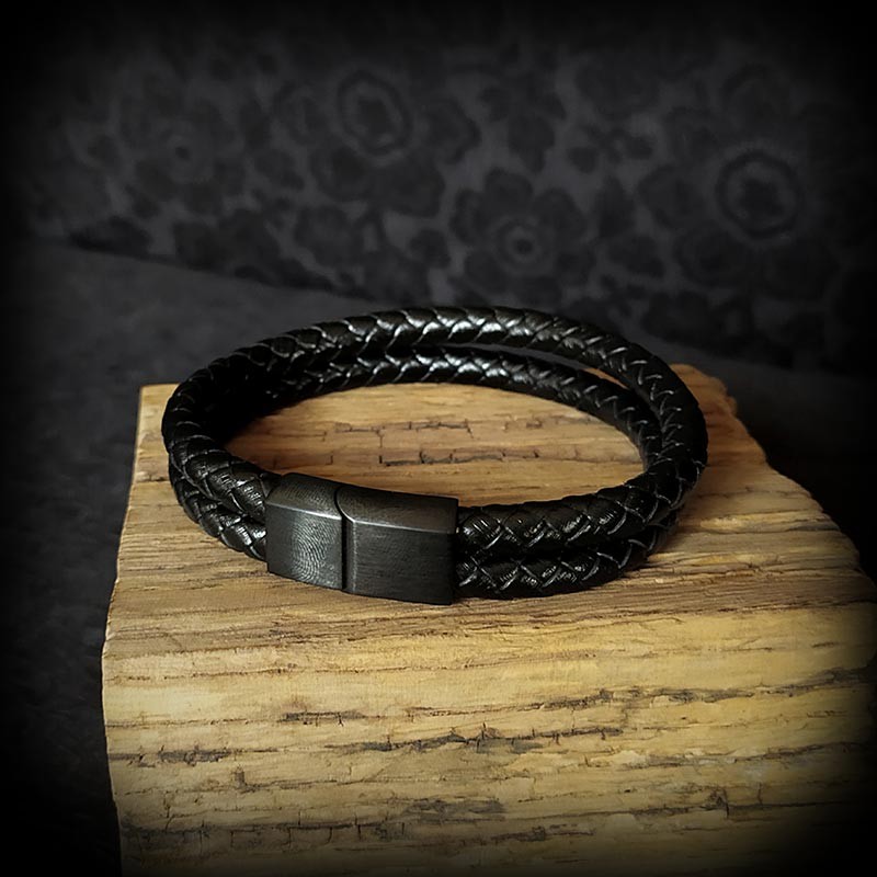 Bracelet cuir noir, cordon double noué, fermoir coulissant