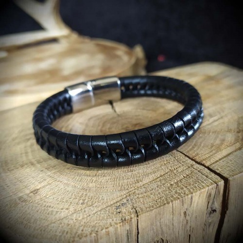 Bracelet cuir noir, cordon...