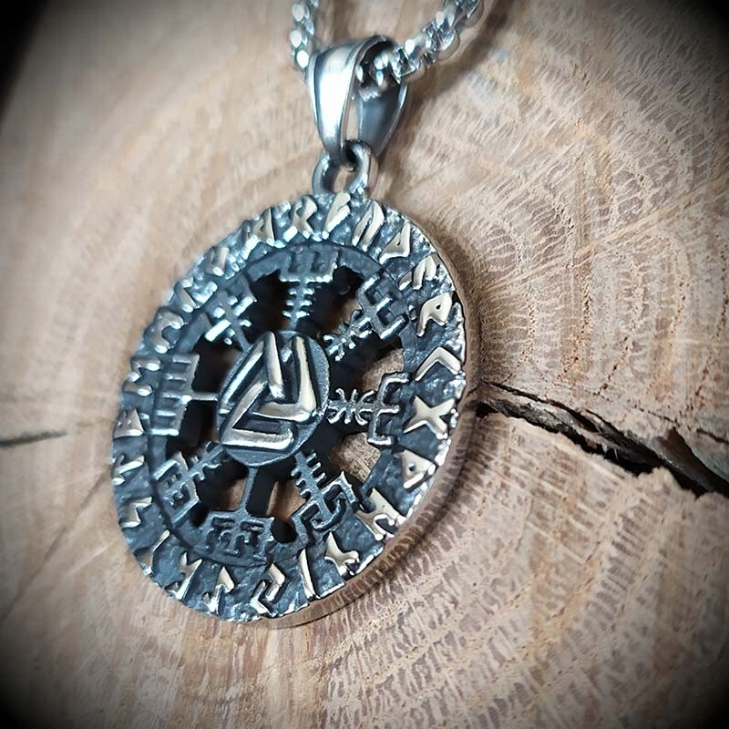 Collier Viking Odin - Double Face Valknut Et Vegvisir - Acier Inoxydable 316L - Chaîne 70 Cm - Avec Sac En Cuir